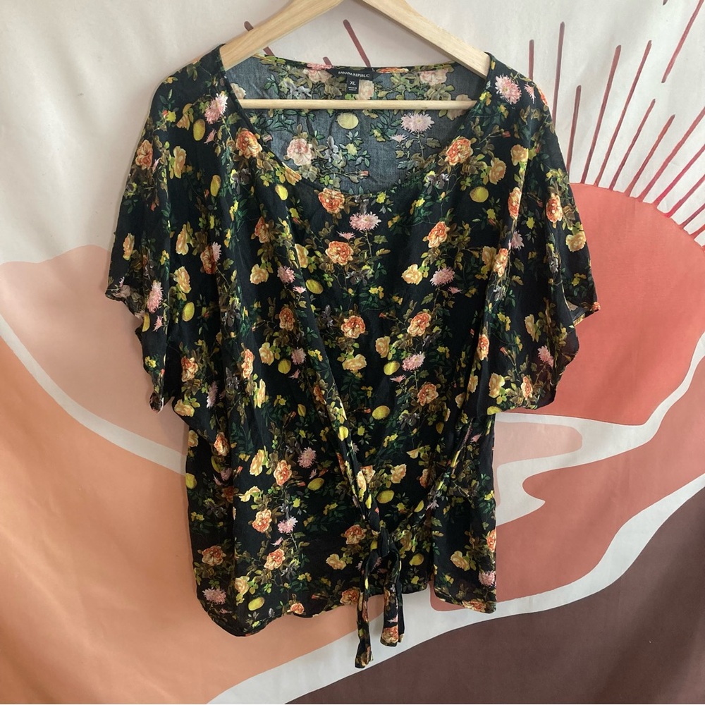 Banana Republic Black Floral Tie-Front Blouse Womens XL Flowy Loose Relax